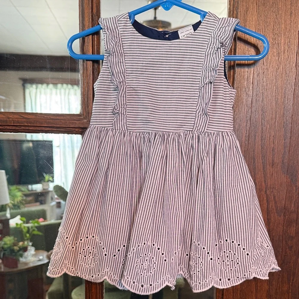 Carters Baby Girl 6M Navy Blue‎ White Striped Eyelet Ruffle Dress CAR13474